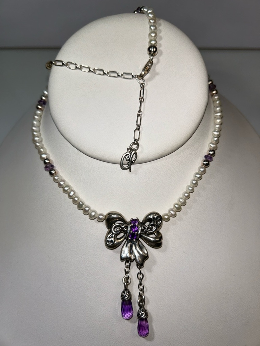 NWOT Carolyn Pollack Sterling Silver Genuine Amethyst & Pearl Designer Necklace - Picture 1 of 9